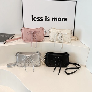 Damen PU Leder Schleife Unterarmtasche Schnürung Baguette Tasche Silber Rosa Schwarz Beige Kleine Schultertasche Handtasche