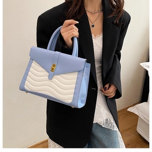 Close-up of blue and white color-block handbag with gold twist lock on a black suit