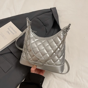 Chic silver quilted chain hobo bag with metallic finish for trendy urban commute