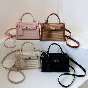 Straw Woven PU Leather Crossbody Bag Kelly Style Handbag Metal Lock Chic Retro Versatile Shoulder Purse For Women