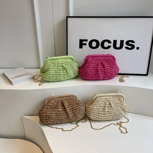 Sac À Main Nuage Tissé En Paille Corde De Papier Plissé Chaîne Dorée Épaule Bandoulière Style Vacances D'été Femmes