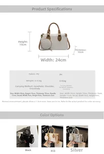 Detailed dimension chart and material specs for the PU leather tote bag with small pouch