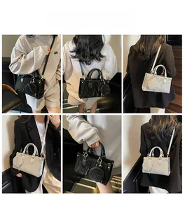 Collage of model showcasing pleated shoulder bag in black and silver with mini pouch