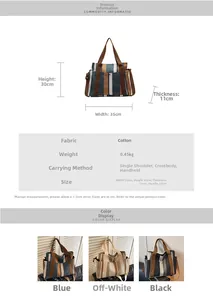 Detailed size specifications of striped canvas tote bag with dimensions and strap length