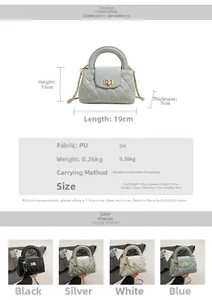 Detailed size chart and multi-color options for quilted PU leather mini crossbody bags