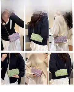 Detail showing versatile wearing styles of striped woven crossbody bag with gold chain