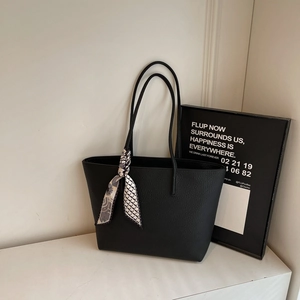 Large black litchi grain tote bag for women with decorative scarf and dual shoulder straps