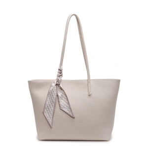 Fashionable beige pebbled leather tote bag for women with decorative purple silk scarf
