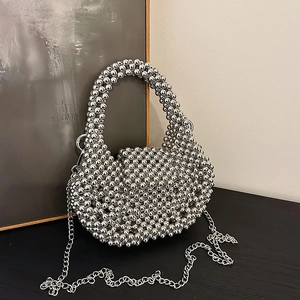 Handcrafted silver beaded crossbody handbag with metallic beads and chain strap for women