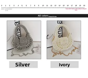Detailed comparison of handmade pearl bags in silver and cream white with size scale