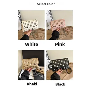 Collage of four riveted crossbody bags in white, pink, khaki, and black with chain straps