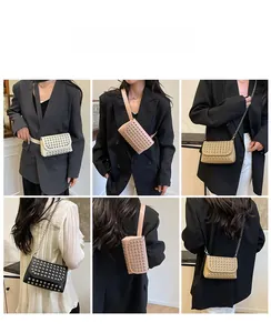 Detail view of studded crossbody bags in four colors with leather and chain straps