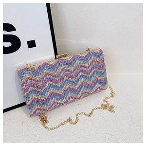 Women Evening Clutch Bag Colorful Woven Chevron Pattern Gold Chain Shoulder Crossbody Purse Elegant Party Dinner Handbag