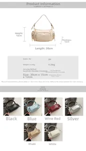 Detailed dimension chart and six color options for the vintage motorcycle hobo bag