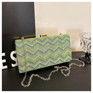 Fashion woven shoulder bag with green blue stripe pattern and gold chain strap