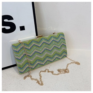 Chic chevron woven evening bag with green blue stripes and gold chain strap