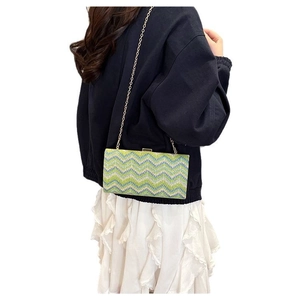 Green chevron stripe rhinestone evening bag with elegant gold chain shoulder strap