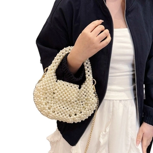 Handmade pearl woven handbag with a detachable metal chain strap for women