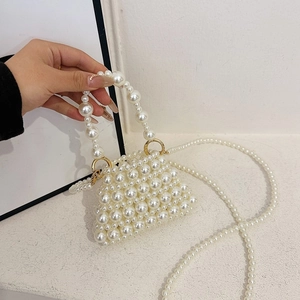 Handmade Beaded Imitation Artificial Pearl Handbag Metallic Silver Hollow Out Mini Crossbody Underarm Bag For Women Fashion Accessory