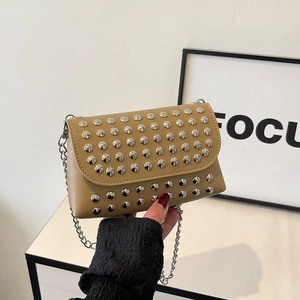 Khaki crossbody bag with silver metal studs and chain strap in a stylish square shape