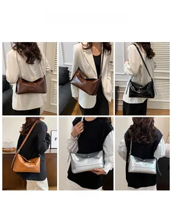 Collage of chic faux leather tote bags in four colors shown by a model in a room