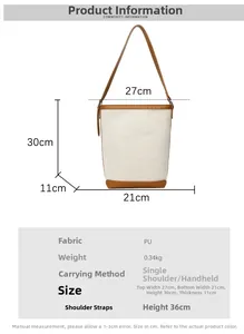 Detailed size specifications of canvas bucket bag showing dimensions and PU strap features