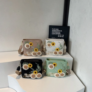 Women PU Leather Crossbody Bag Flower Sunflower Embroidery Vintage Wide Jacquard Strap Simple Square Shoulder Bag For Women