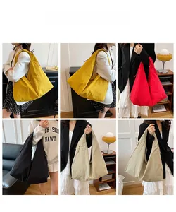 Detail shots of large nylon tote bags in yellow, red, black, and beige on models