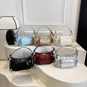 Multi Pocket Shoulder Bag Crossbody Handbag PU Patent Leather Glossy Y2K Retro Motorcycle Style For Women Casual Daily