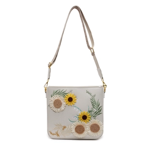 Minimalist cream white crossbody bag with floral embroidery and woven strap