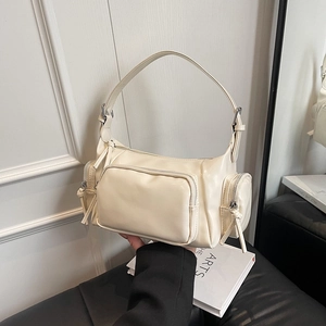 Vintage beige multi-pocket motorcycle shoulder bag with adjustable strap for women