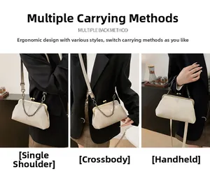 Three-way carry demonstration of cream crocodile texture retro shell bag with straps