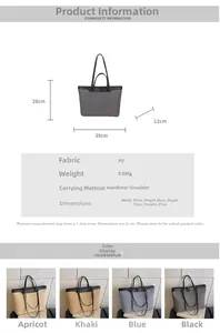 Detailed size chart of large tote bag with dimensions 39x26x12cm in four color options