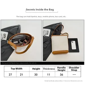 Detailed size chart and large interior capacity of the canvas and leather bucket bag
