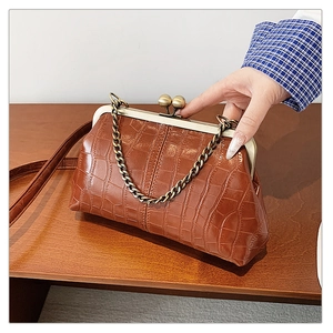Macro detail of brown crocodile textured bag with golden ball clasp and vintage chain