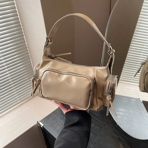 Vintage khaki patent leather motorcycle bag with multi-pockets and glossy finish