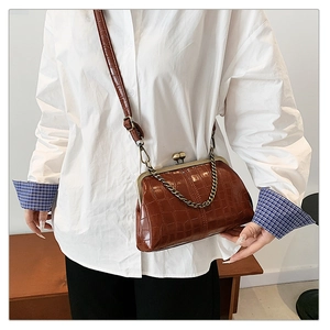 Detail of vintage brown crocodile embossed leather handbag with metal clasp and chain