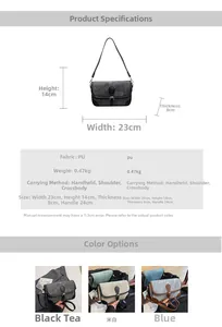 Detailed dimension chart showing the PU leather shoulder bag size of 23x14x8cm in three colors