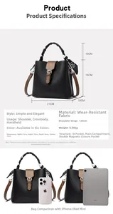 Detailed size comparison of the lychee pattern bucket bag with phone and tablet dimensions
