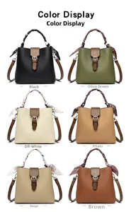 Litchi pattern bucket bags in multiple colors with silk scarf handles and metal buckles