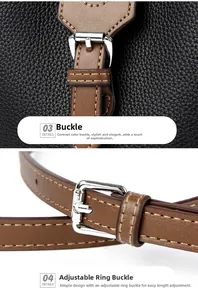 Detail of adjustable brown leather strap with silver buckle on black lychee grain bucket bag