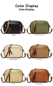 Detailed view of crossbody bags in six colors with pebble grain texture and tassel zippers