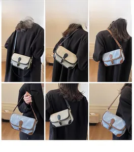 Detailed views of vintage denim and canvas crossbody bags shown on model from various angles