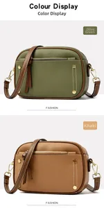 Detail of pebbled leather texture, contrast stitching and gold zipper on crossbody bags