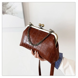 Detailed shot of dark brown crocodile texture bag with vintage gold clasp and chain strap