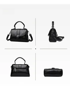 Vues détaillées d'un sac à main en cuir grainé noir sous plusieurs angles avec zip arrière