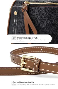 Detailed view of two-tone shoulder bag featuring white stitching and adjustable metal buckle