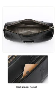 Detail of black leather bag showing interior storage compartments and rear zipper pocket
