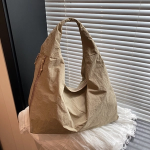 Khaki large capacity nylon hobo tote bag with side zipper and minimalist design