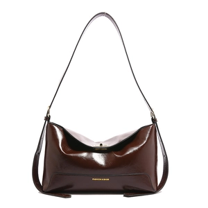 Retro dark brown oily leather large tote bag with gold buckle for women fashion